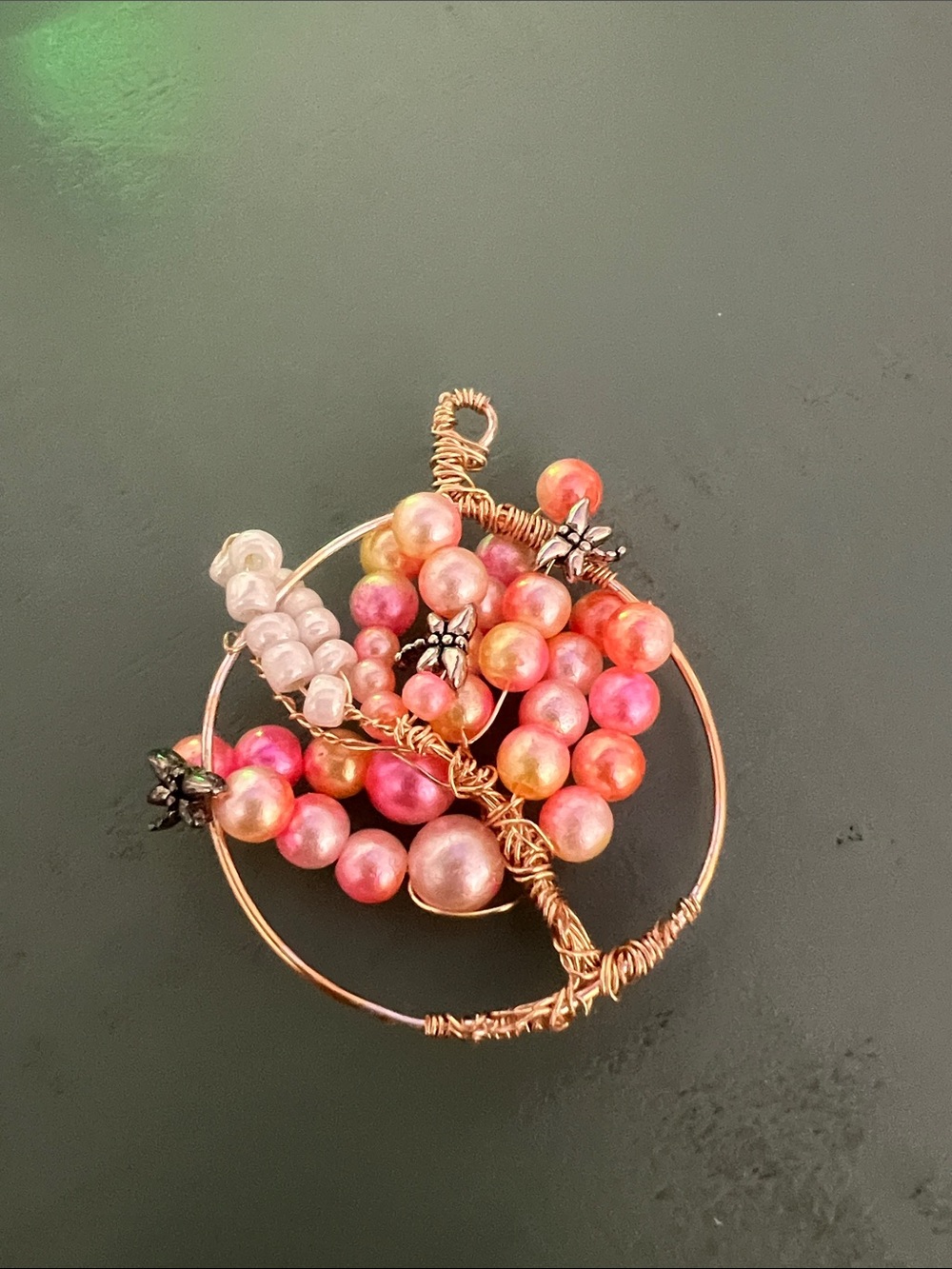 Handcrafted Pink and Coral Bead Wire-Wrapped Pendant Handmade
